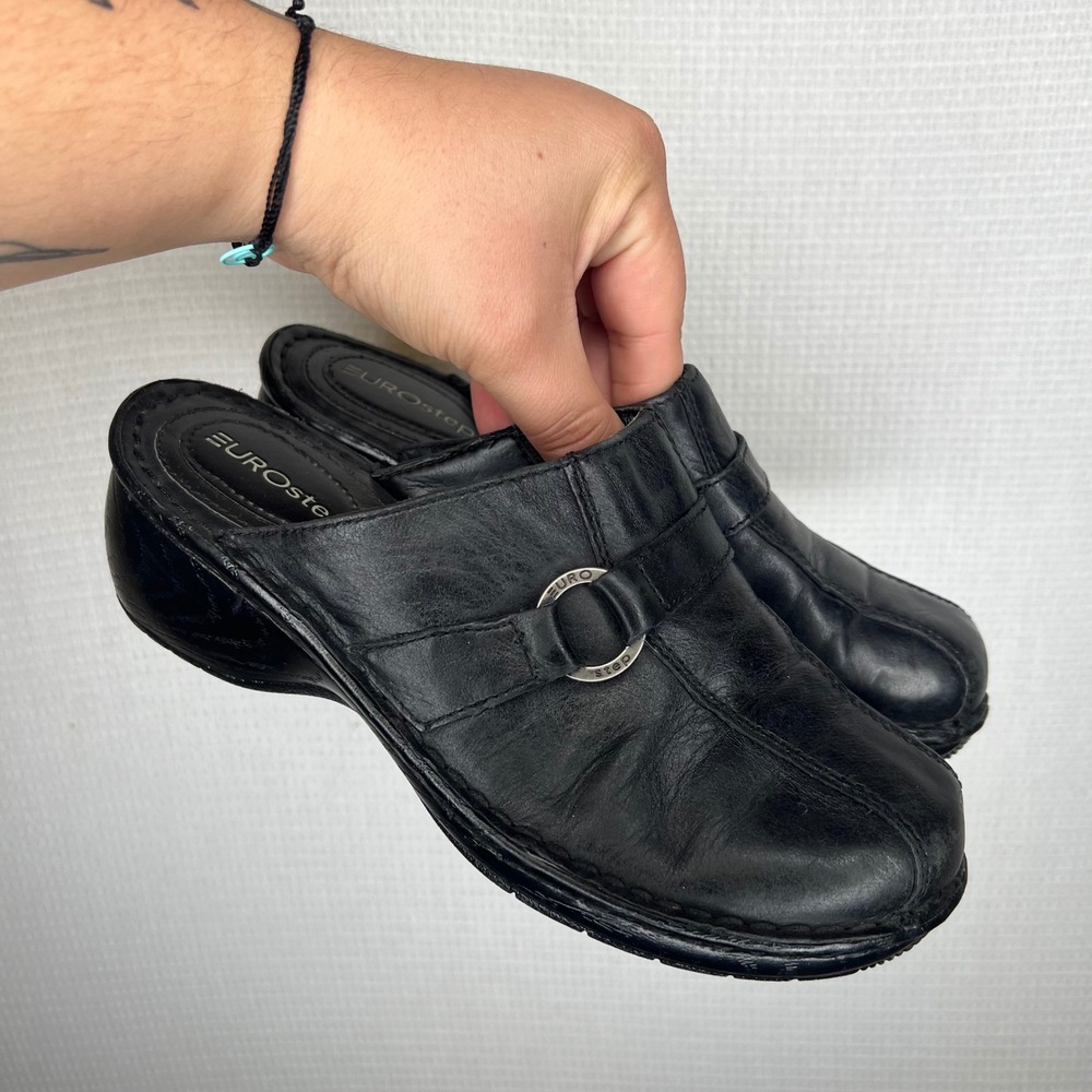 Eurostep Sonata Black Leather Mules Clogs Wedge Slip On Shoes 7M 75207-1